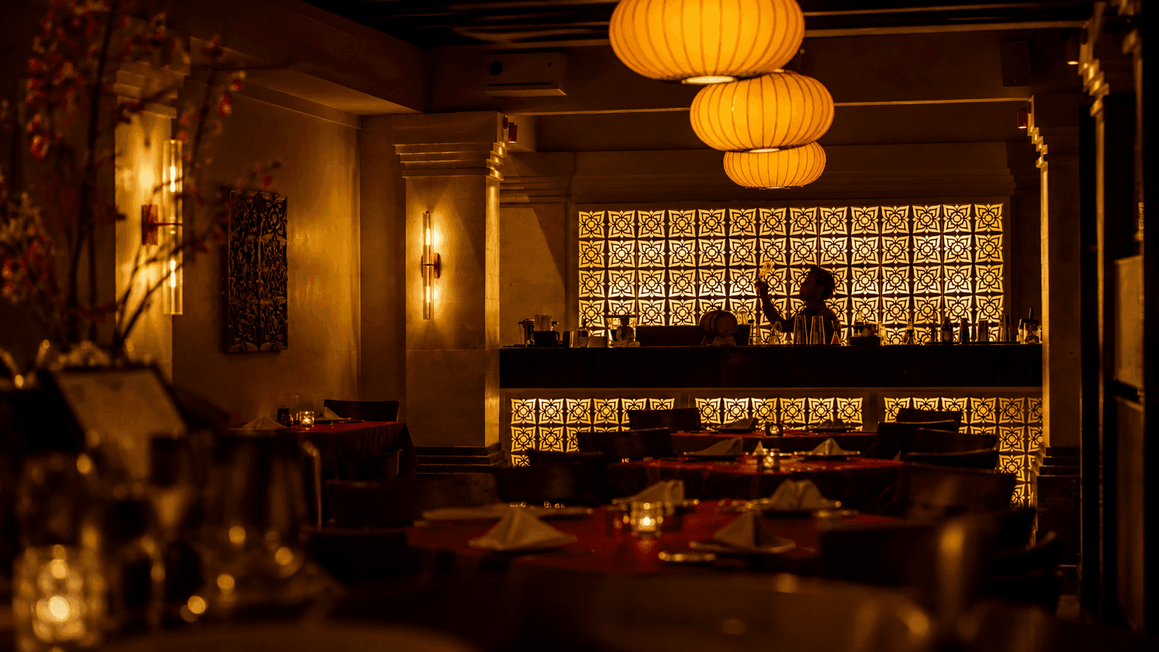 Warm lantern-lit dining room